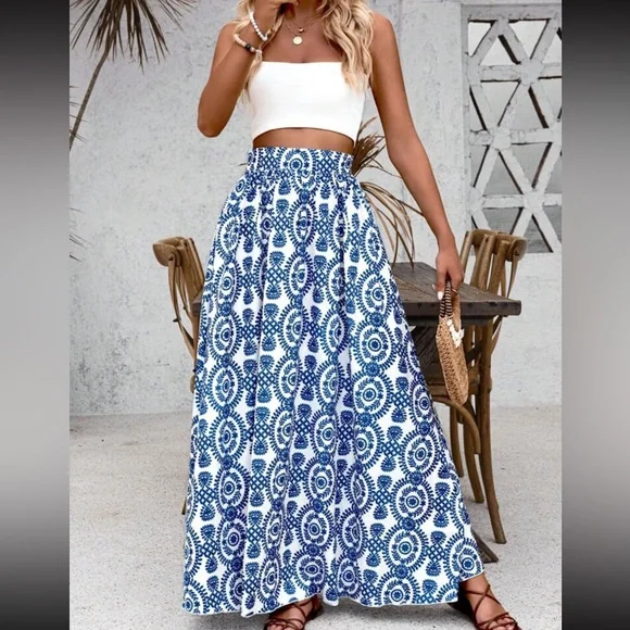 Boho floral print ruffle hem maxi skirt